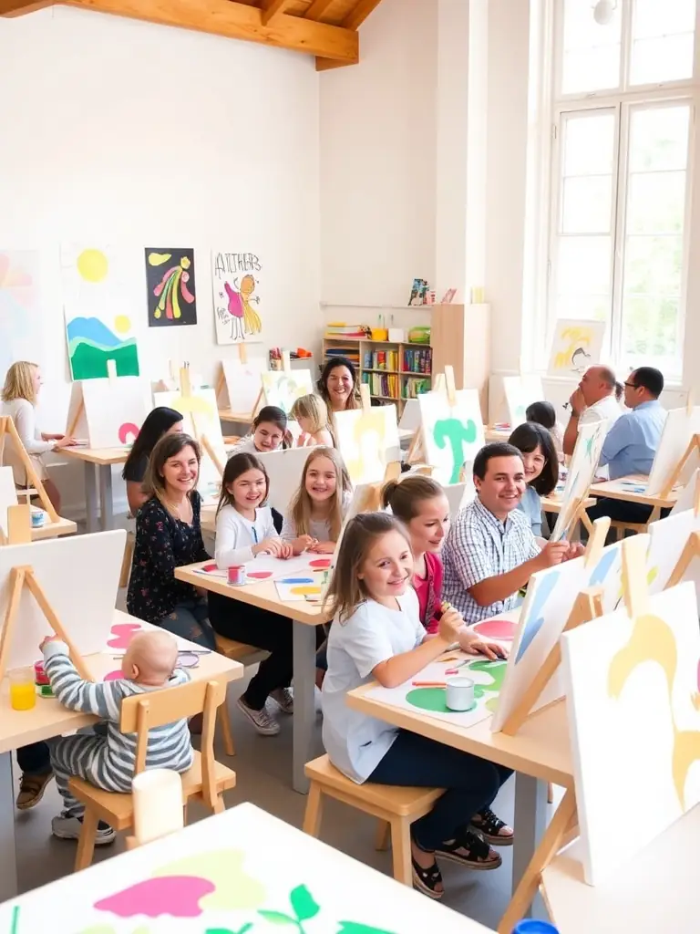 A vibrant photograph capturing a community art workshop in Dijon, France, supported by DEGLING'OS, showcasing participants of all ages engaged in painting and creative activities.