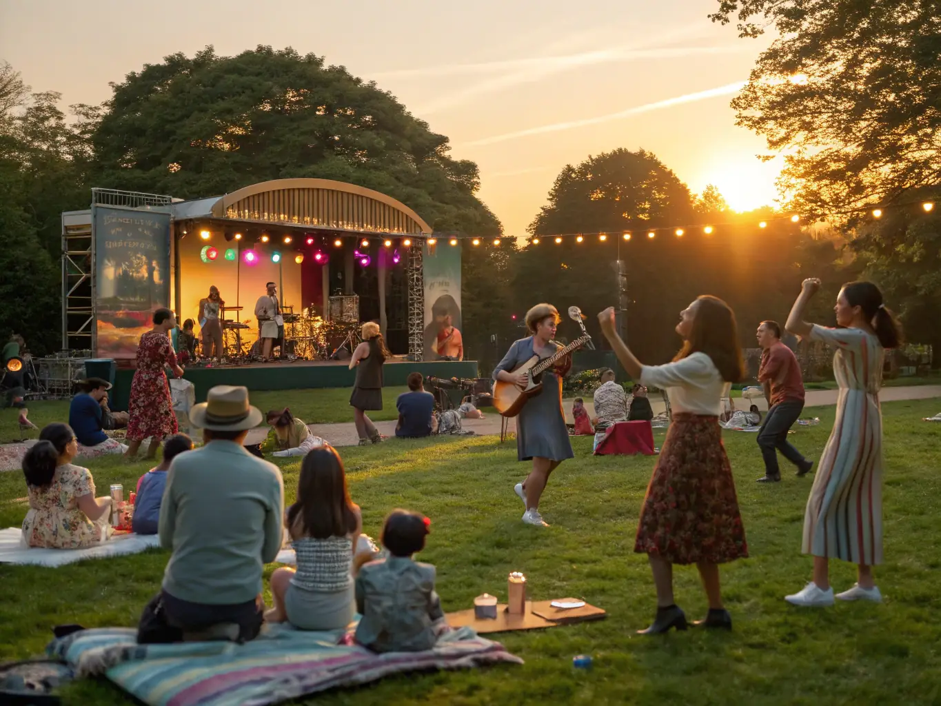 A vibrant outdoor concert scene with diverse attendees enjoying live music, showcasing DEGLING'OS's support for local cultural events and community engagement.