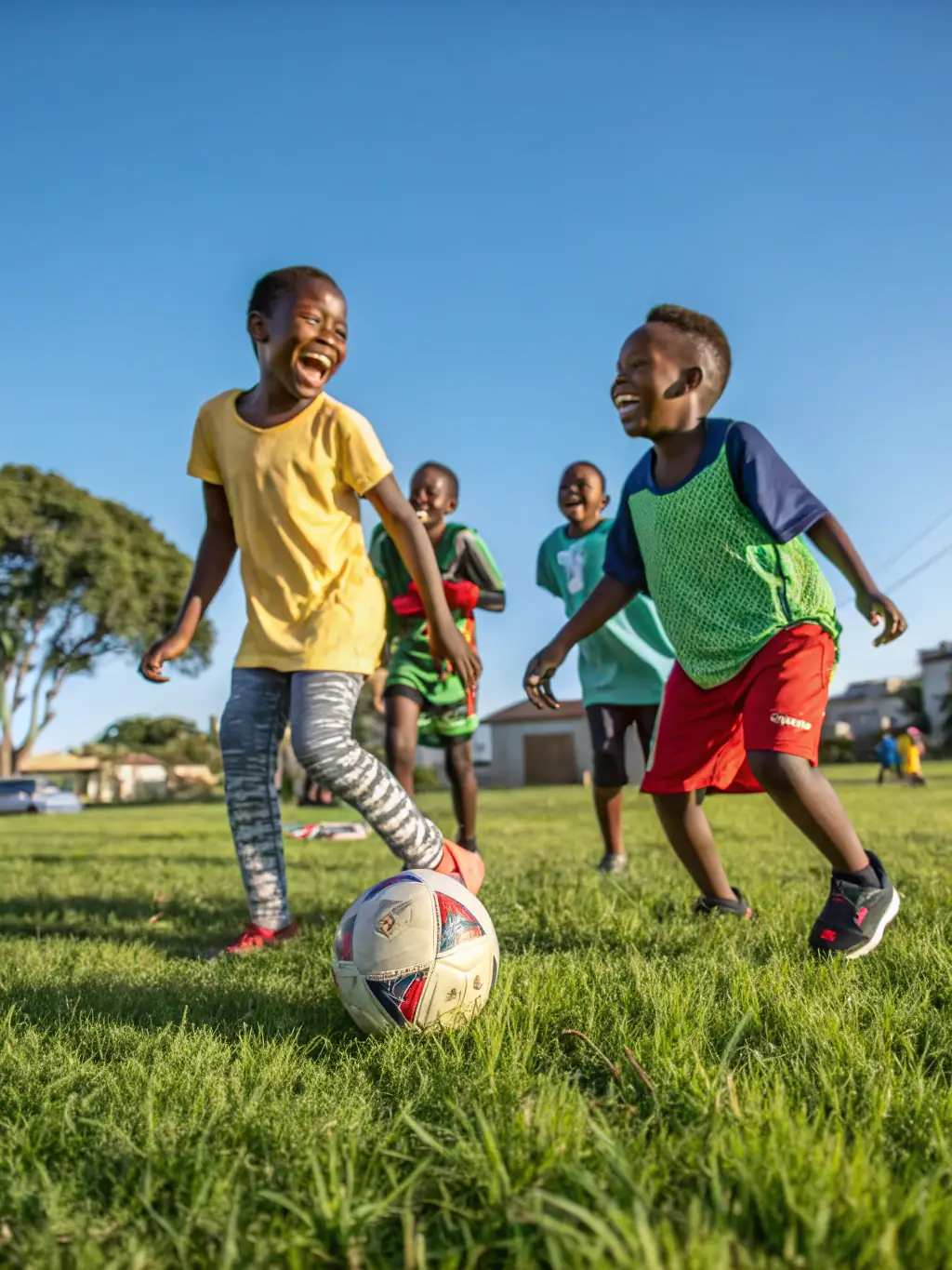 A photograph of children participating in a sports clinic organized by DEGLING'OS, showing them learning new skills and engaging in teamwork activities.