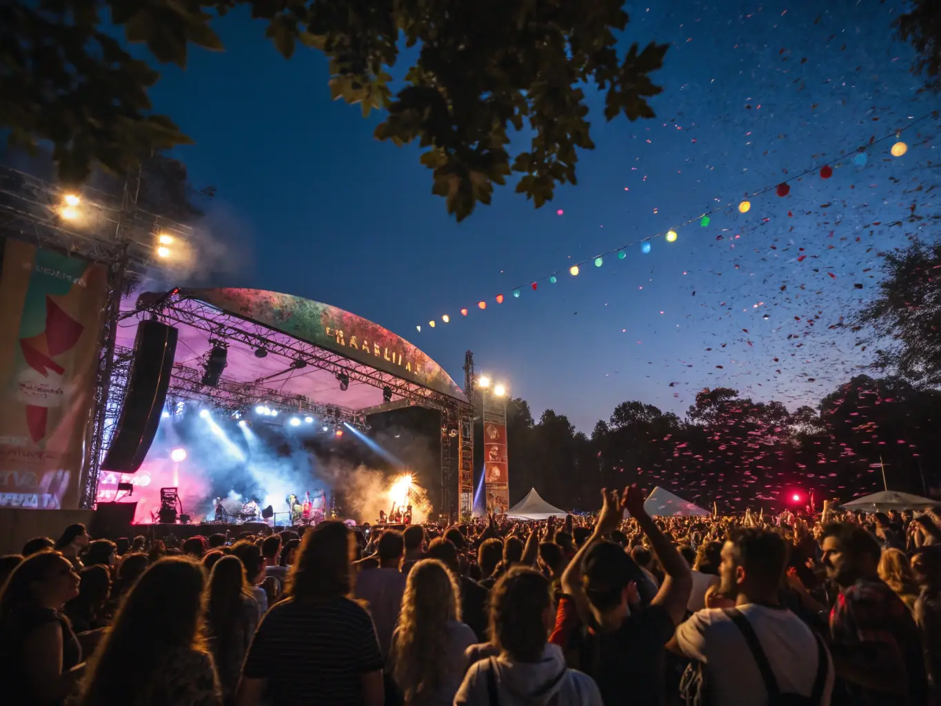 A vibrant image of a lively outdoor festival with diverse community members enjoying music and art, representing DEGLING'OS's commitment to cultural enrichment.